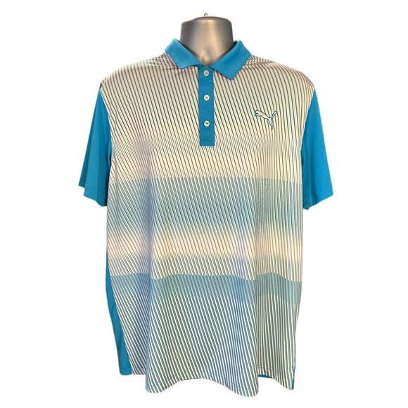 Puma Golf Blue and White Striped Short Sleeve Performance Wear Polo Size L - Picture 1 of 10